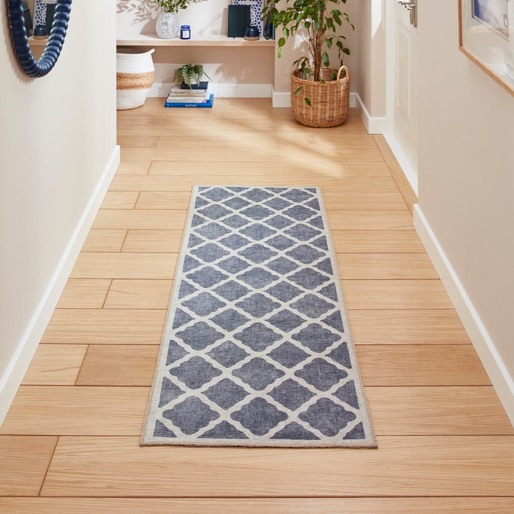 Coral H1063 Modern Washable Trellis Runner Rugs in Blue